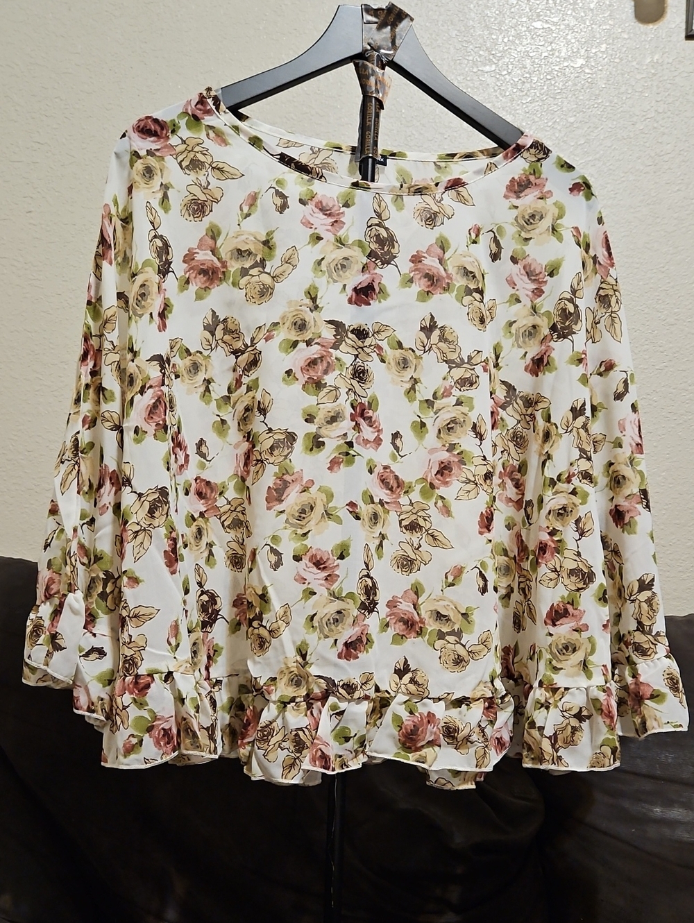 Absolute Angel Cream Floral Ruffle-Hem Peasant Blouse